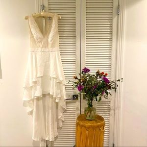 BEBE EMBROIDERED TULLE RUFFLE GOWN